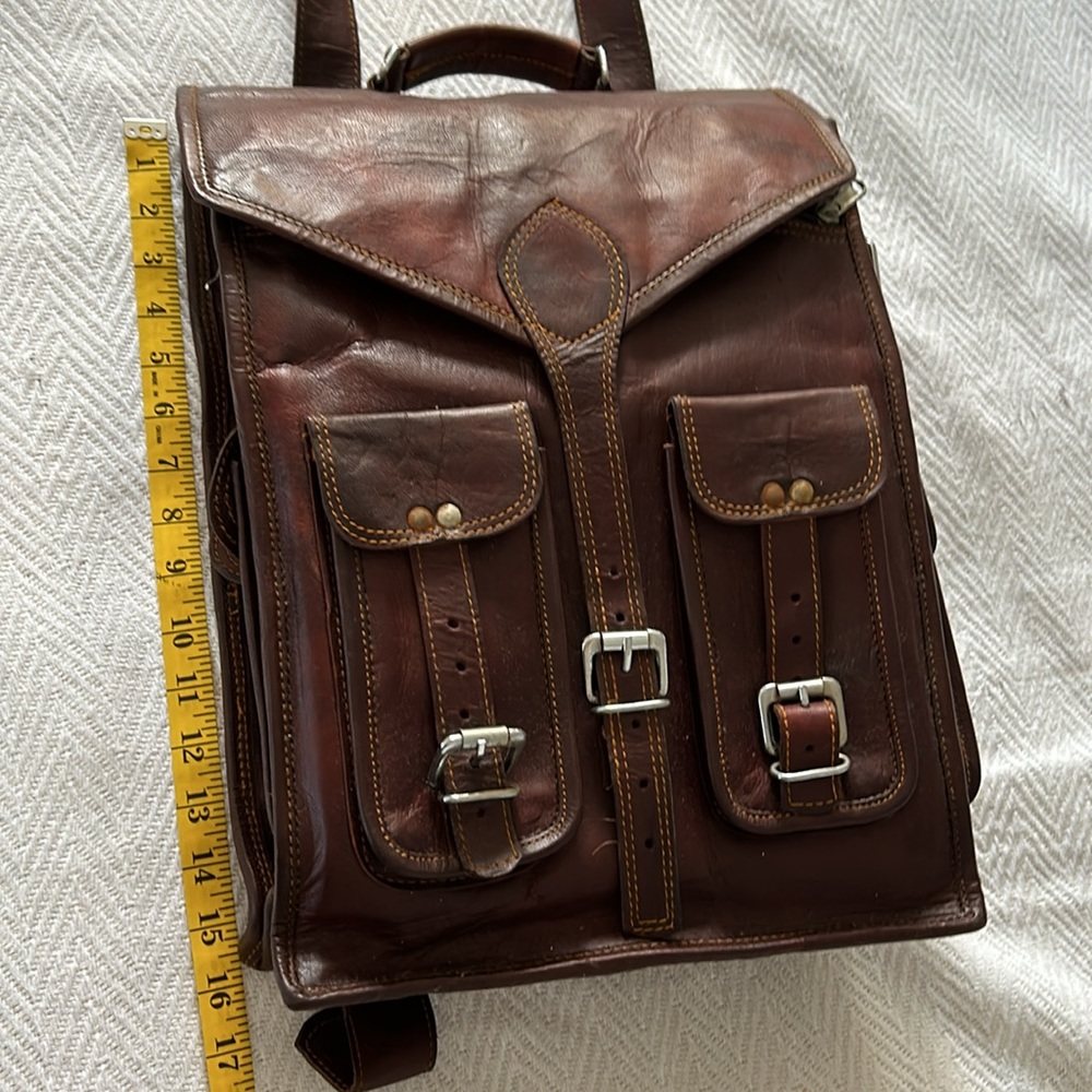 Unisex Brown Handmade Leather Backpack Satchel Convertable School Bag Purse - Picture 5 of 8